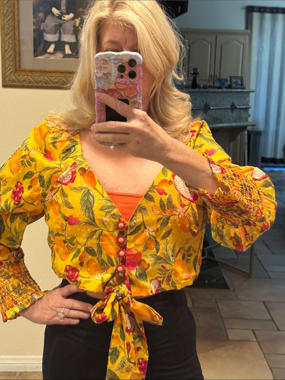 FARM Rio Yellow Tropical Tie-Front Crop Top with Orange Trim - Picture 2 of 11